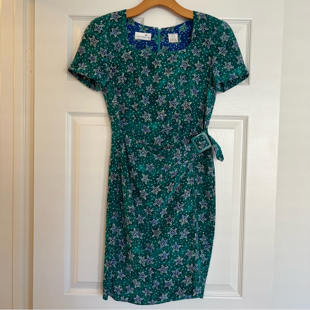 Vintage 90s Y2K Liz Clairborne 100% Silk Faux-Wrap Dress Starfish Print Size 2P